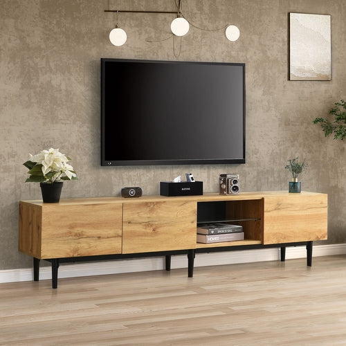 Modern TV Stand with 4 Cabinets, Open Shelves & LED Lighting – Wood Tone, Fits TVs up to 80"