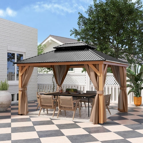 11x13 ft Wooden Hardtop Gazebo with Curtains & Mosquito Netting – Outdoor Patio Shelter for Backyard & Garden