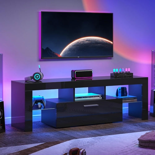 Black LED Wall-Mounted TV Stand with Large Storage Drawer – Fits 32–55 Inch TVs